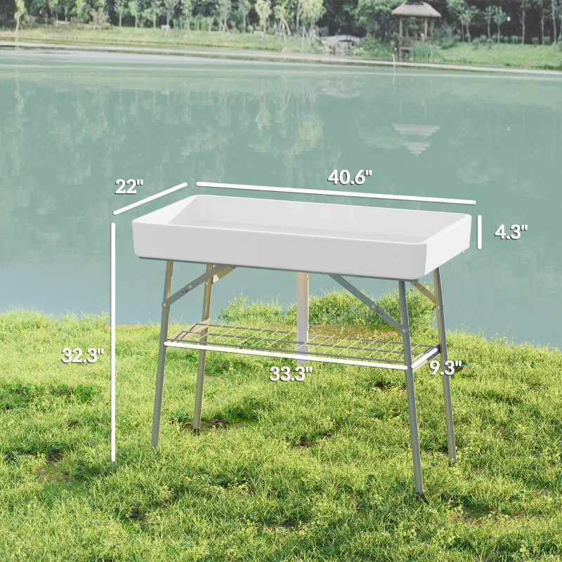 Outsunny 3.4ft Folding Ice Cooler Table with Drain, Fill and Chill Table Outdoor Table Cooler with Storage Shelf, Drink Cooler for Parties Picnic BBQ Camping Wedding, White