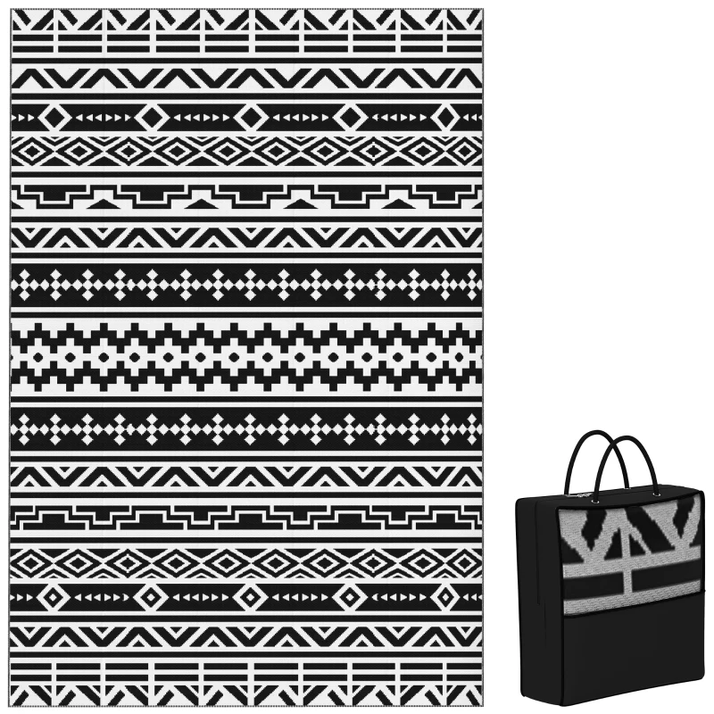 Outsunny Reversible Outdoor Rug, Waterproof Plastic Straw with Carry Bag, 6' x 9', Black & White Geometric Wall