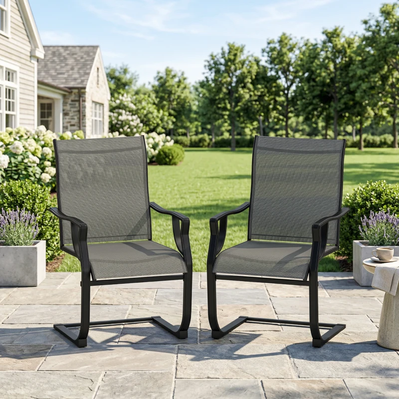Outsunny C Spring Patio Dining Chairs Set of 2 with High Backrest, Armrest, Breathable Fabric & Metal Frame, 256LBS, Light Gray