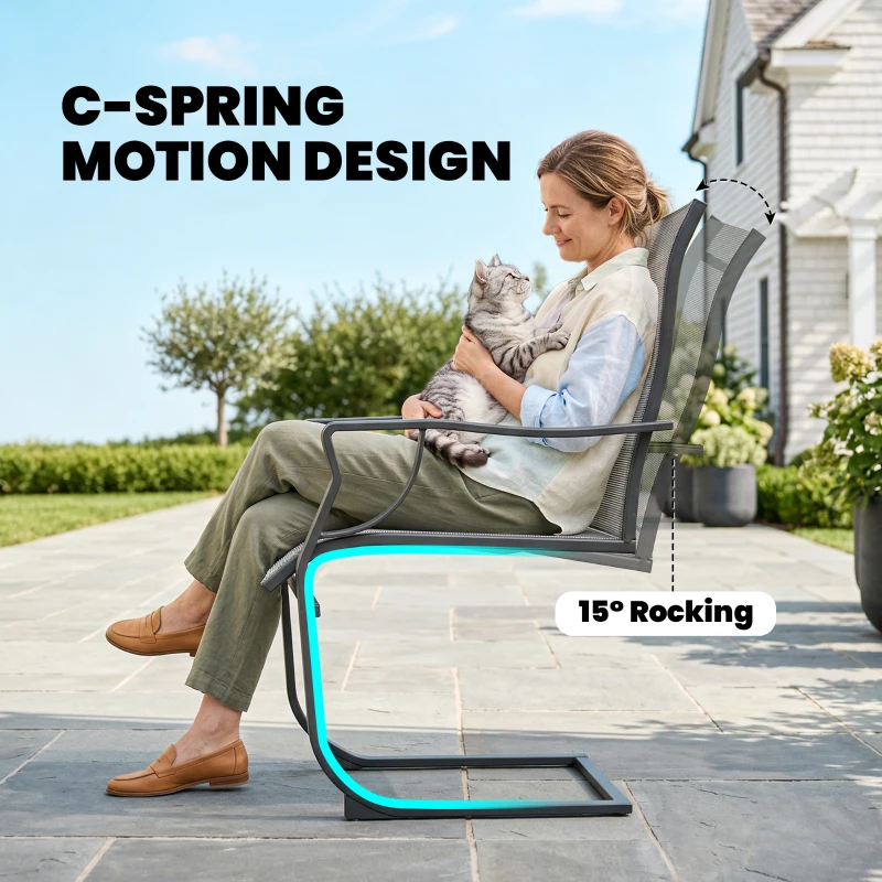 Outsunny C Spring Patio Dining Chairs Set of 2 with High Backrest, Armrest, Breathable Fabric & Metal Frame, 256LBS, Light Gray