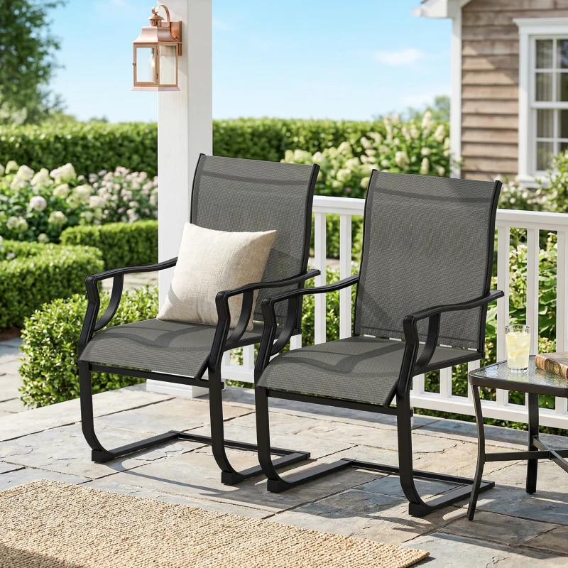 Outsunny C Spring Patio Dining Chairs Set of 2 with High Backrest, Armrest, Breathable Fabric & Metal Frame, 256LBS, Light Gray
