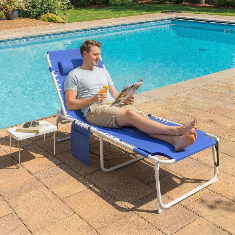 Outsunny Tanning Chair with Face Hole and Side Table, 5-Position Folding Outdoor Chaise Lounge Chair, Navy Blue