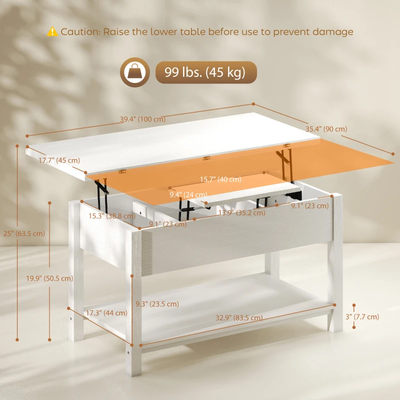 HOMCOM Lift Top Coffee Table with Storage and Hidden Compartment, Modern Convertible Center Table for Living Room, White