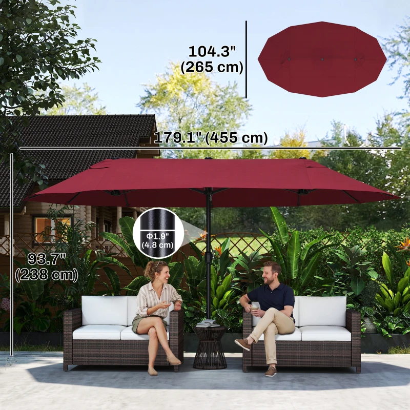 Outsunny 15ft Double-sided Patio Umbrella with Twin Canopy, Extra Large Outdoor Parasol with Crank for Pool, Deck, Market, Wine Red