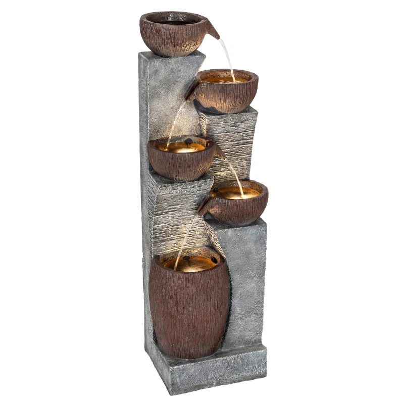 Outsunny Outdoor Water Fountain with 5-Tier Crock Design, 51.2" Tall Cascading Waterfall Garden Fountain with LED Lights