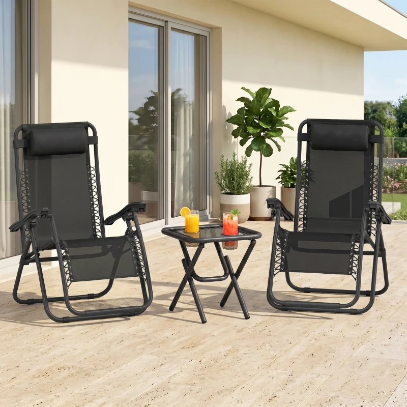Outsunny Zero Gravity Chair Set of 2 Patio Chair with Side Table Cupholders and Pillows for Pool, Backyard, Lawn, Black