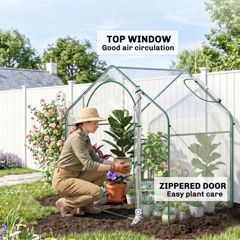 Outsunny 6' x 3' x 5' Portable Walk-in Greenhouse, Plastic Cover, Steel Frame Garden Hot House, Zipper Door, Top Vent for Flowers, Vegetables, Saplings, Tropical Plants, Clear