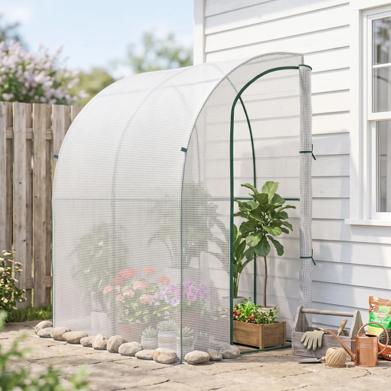Outsunny 5' x 4' x 7' Outdoor Lean to Greenhouse, Walk-In Green House Plant Nursery with Roll-up Window, PE Cover, White