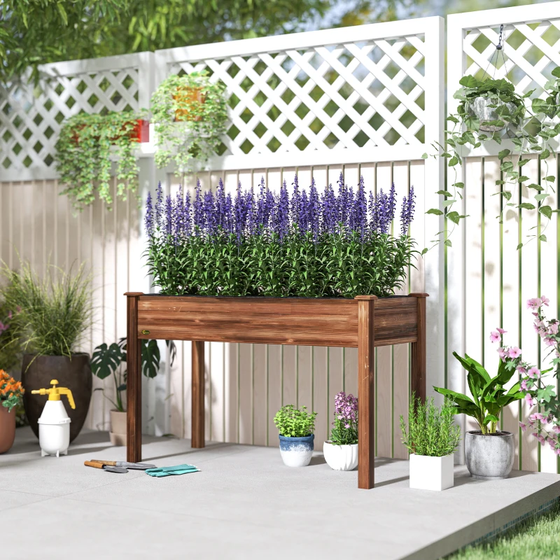 Outsunny 48" x 22" x 30" Wooden Patio Raised Garden Bed Planter, Elevated Planter Box with Legs, Carbonized