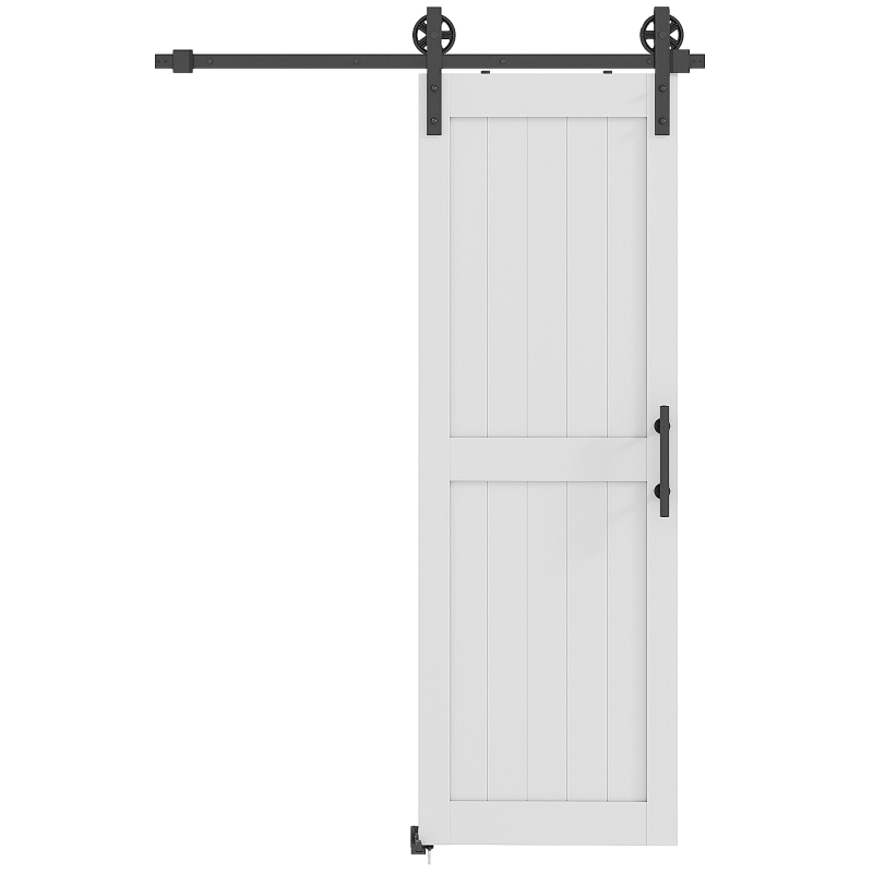 HOMCOM 28inx84in Barn Door with 5FT Sliding Door Hardware Kit, Handle, Upgraded Rollers and Floor Guide, Waterproof, White