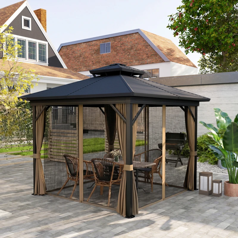 Outsunny 10' x 10' Hardtop Gazebo with Aluminum Frame, Metal Roof Gazebo Canopy w/ Hook, Curtains included, Dark Brown