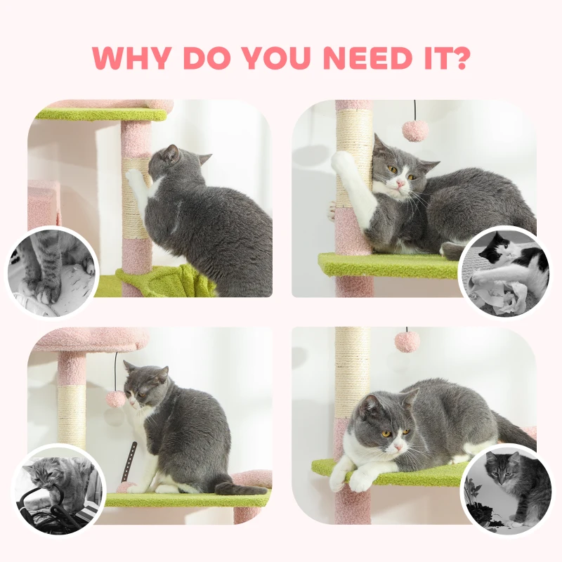 PawHut 74" Flower Cat Tree, Large Cat Tower with Scratching Post & Board for Indoor Cats, Pink