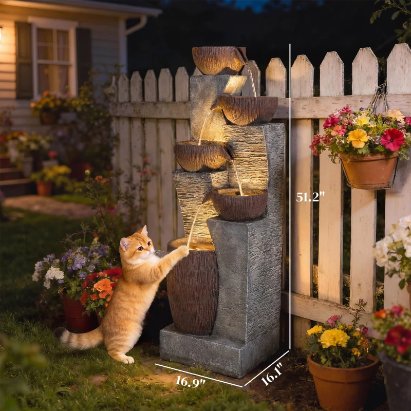 Outsunny Outdoor Water Fountain with 5-Tier Crock Design, 51.2" Tall Cascading Waterfall Garden Fountain with LED Lights