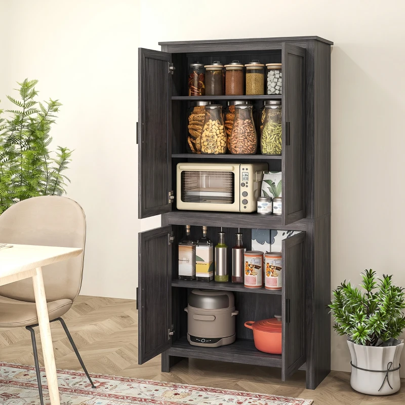 HOMCOM 64" 4-Door Kitchen Pantry, Freestanding Storage Cabinet with 3 Adjustable Shelves for Kitchen, Gray Oak