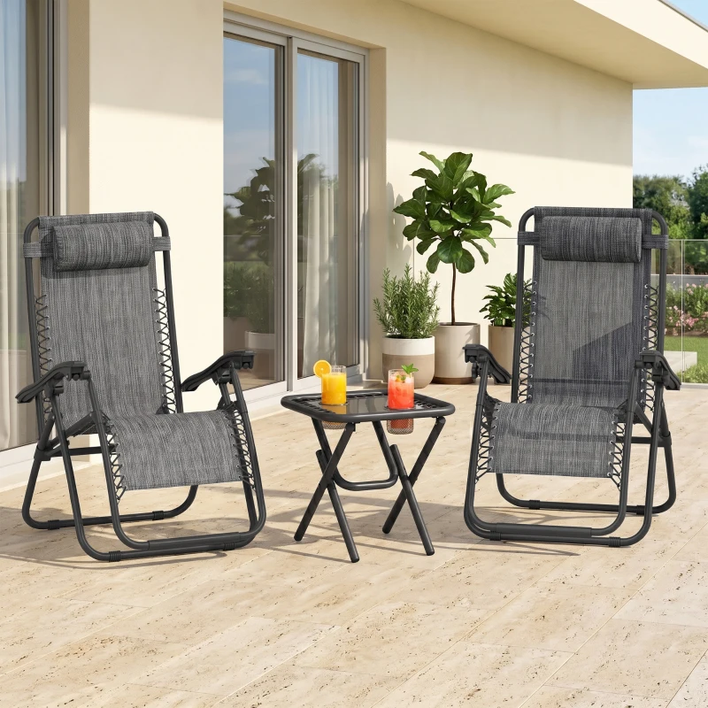 Outsunny Zero Gravity Chair Set of 2 Patio Chair with Side Table Cupholders and Pillows for Pool, Backyard, Lawn, Dark Grey