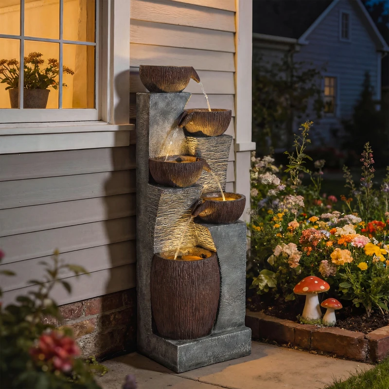 Outsunny Outdoor Water Fountain with 5-Tier Crock Design, 51.2" Tall Cascading Waterfall Garden Fountain with LED Lights