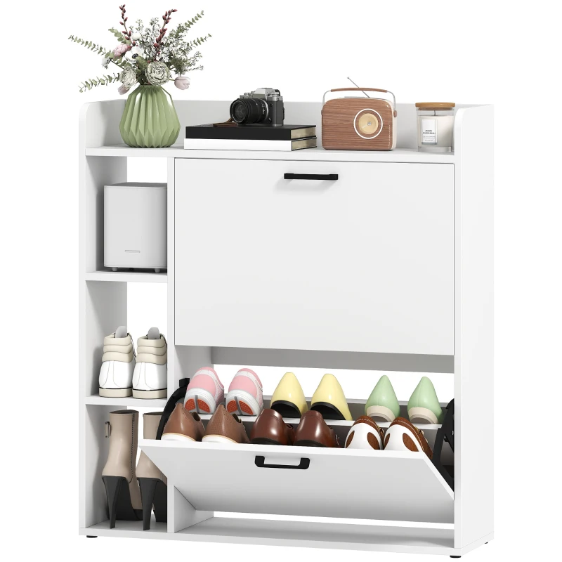 HOMCOM Shoe Cabinet with 2 Flip Drawers, 3 Side Compartments, Adjustable Shelves, 8-12 Pairs for Entryway Hallway, White