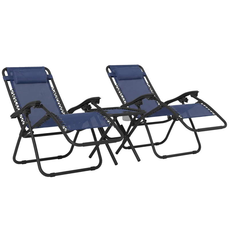Outsunny Zero Gravity Chair Set of 2 Patio Chair with Side Table Cupholders and Pillows for Pool, Backyard, Lawn, Blue