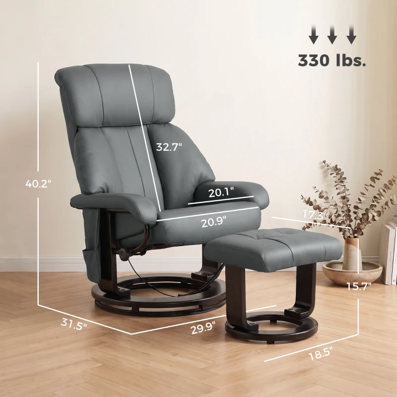 HOMCOM Massage Recliner Chair with Ottoman, 360° Swivel Recliner and Footstool, 10-Point Vibration, Gray