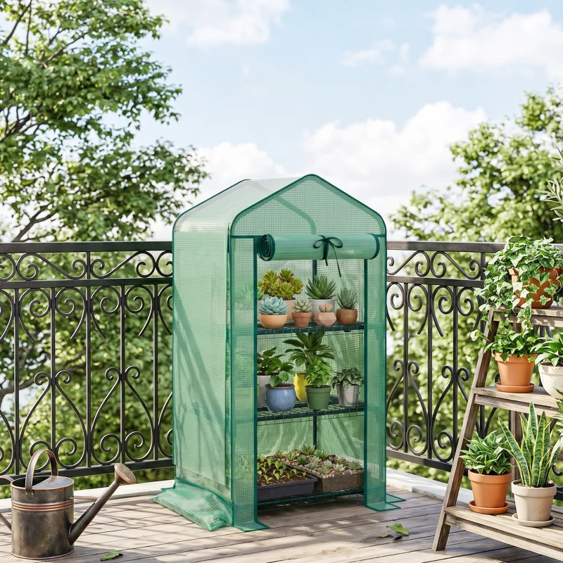 Outsunny Mini Greenhouse with Screen Roof, Portable Small Greenhouse with Roll-Up Zipper Door, 27.6" x 19.7" x 50", Green