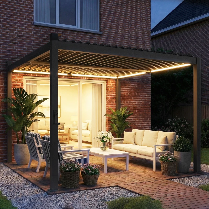 Outsunny 10 x 10 ft Louvered Pergola with Solar LED lights, Metal Roof, Outdoor Pergola Gazebo with Drainage Gutters, Black