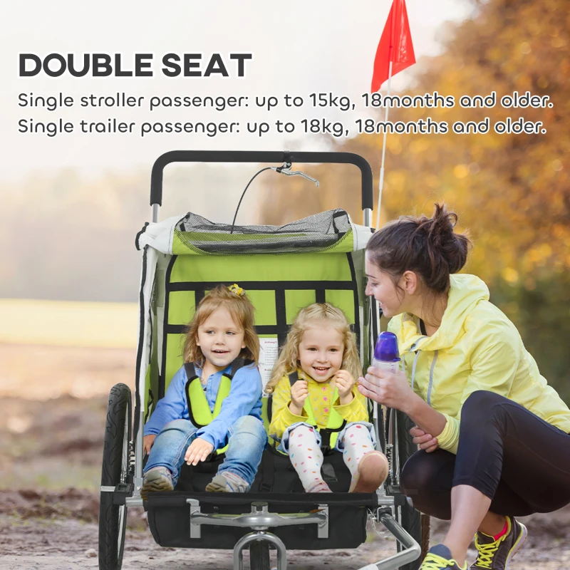 Aosom 2-Seat Elite 360 Swivel Bike Trailer for Kids Bicycle Cargo Trailer with Water-Resistant Windows, Green and White