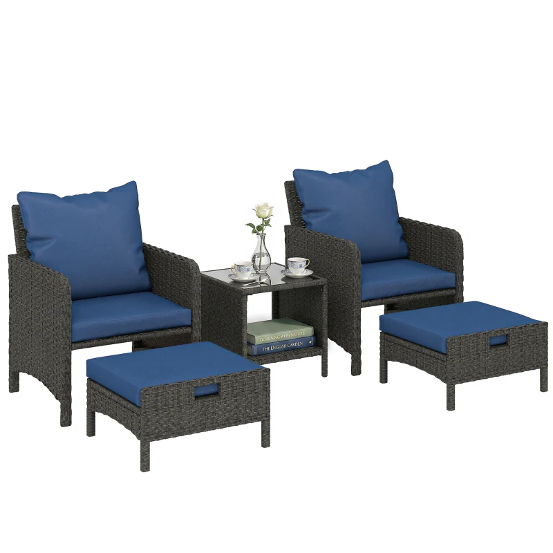 Outsunny 5 Piece Patio Furniture Set, Wicker Outdoor Furniture Set, 23.6" Seat, Ottomans, Glass Table, Cushions, Navy Blue