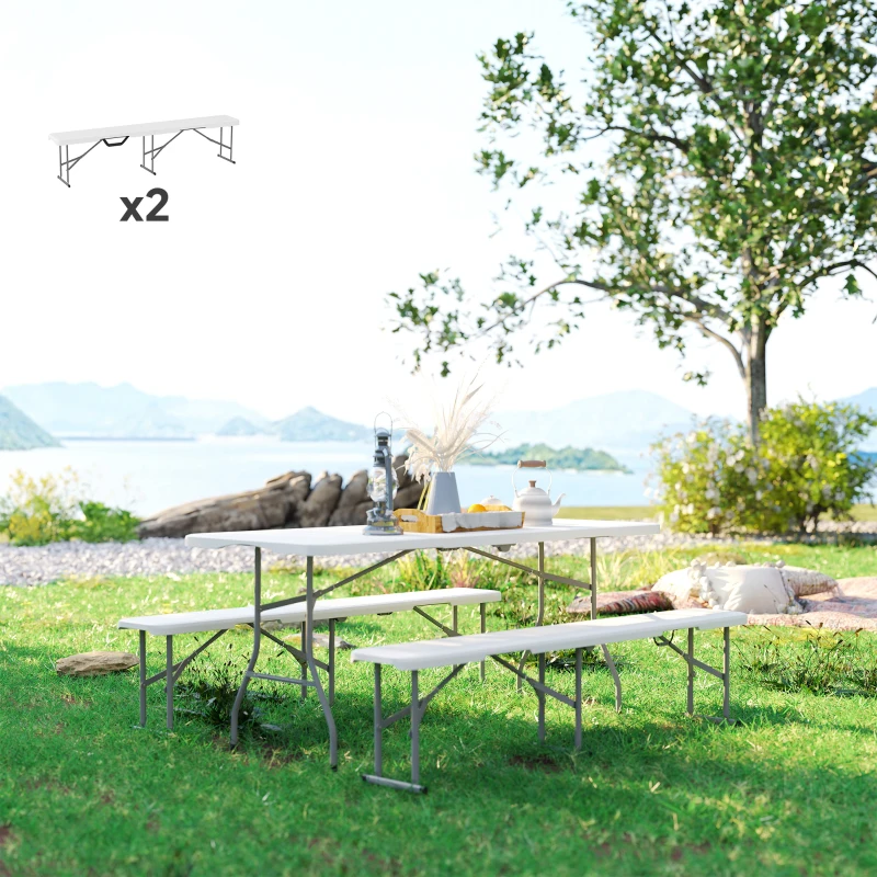 Outsunny 2 Pack 6 ft Portable Foldable Bench Seats, Plastic Folding Benches with Carrying Handle for Camping, White