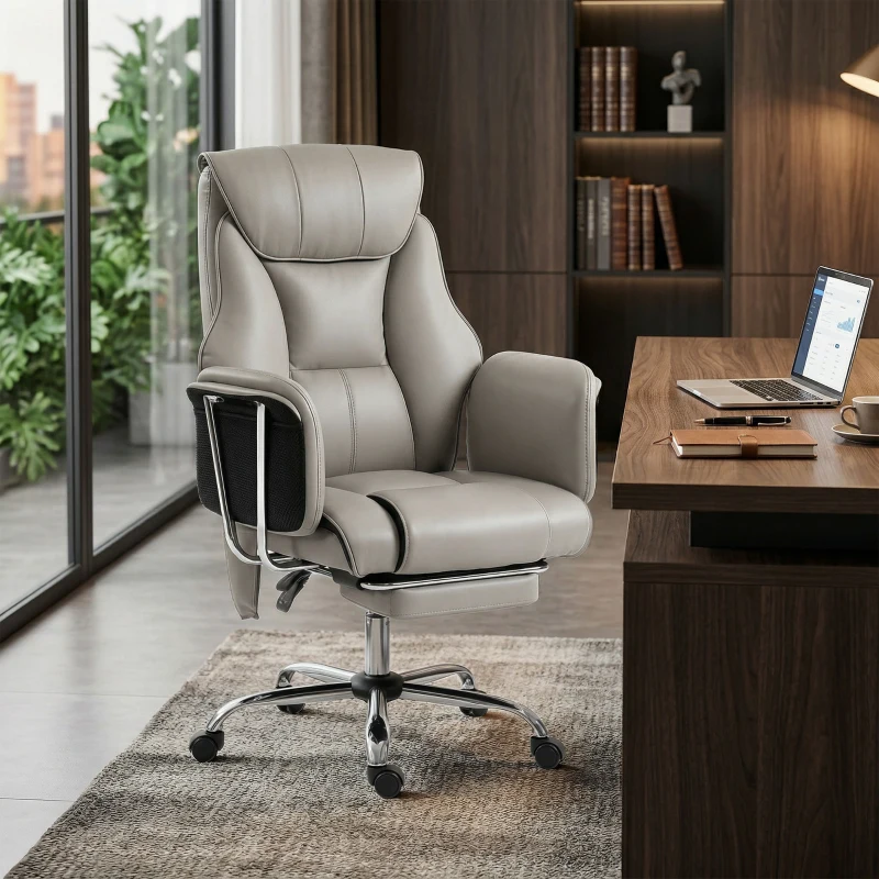 HOMCOM Massage Office Chair with 6 Points Vibration, Executive Desk Chair with High Back, PU Leather, Footrest, Gray
