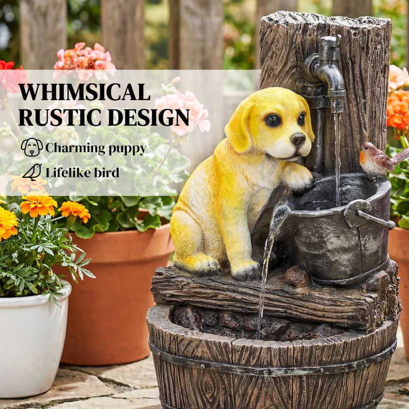 Outsunny 22" Outdoor Fountain with 3-Tier Puppy Theme, Resin Garden Fountain with LED Lights, Adjustable Flow, Rustic Brown