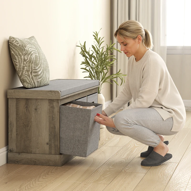 HOMCOM Shoe Storage Bench with Seat, Entryway Bench Seat with Cushion, 3 Fabric Drawers for Hallway, Washed Grey
