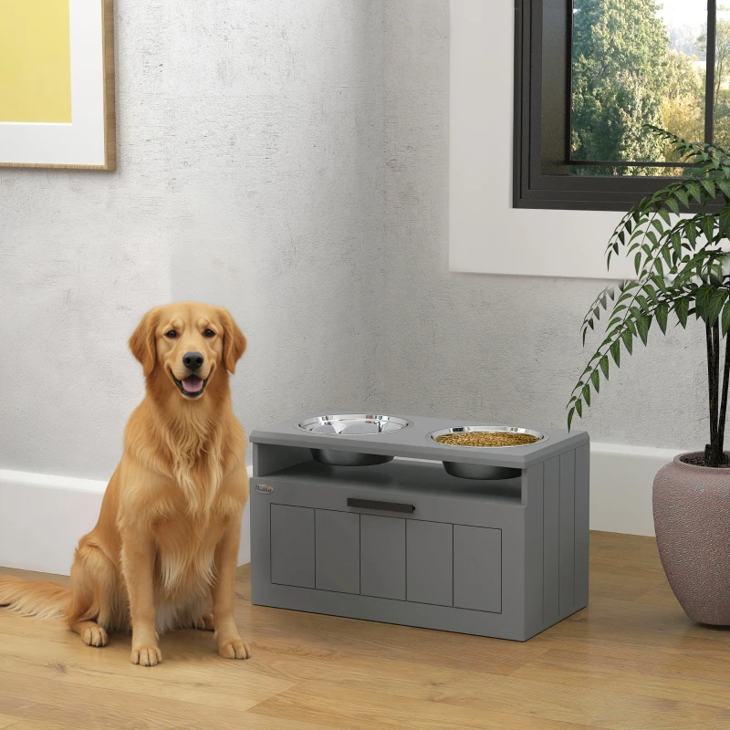 PawHut Elevated Dog Bowls, Large Breed Raised Dogs Bowl Stand with 2 Stainless Steel Bowls, Storage Drawer and Slow Feeder Mat