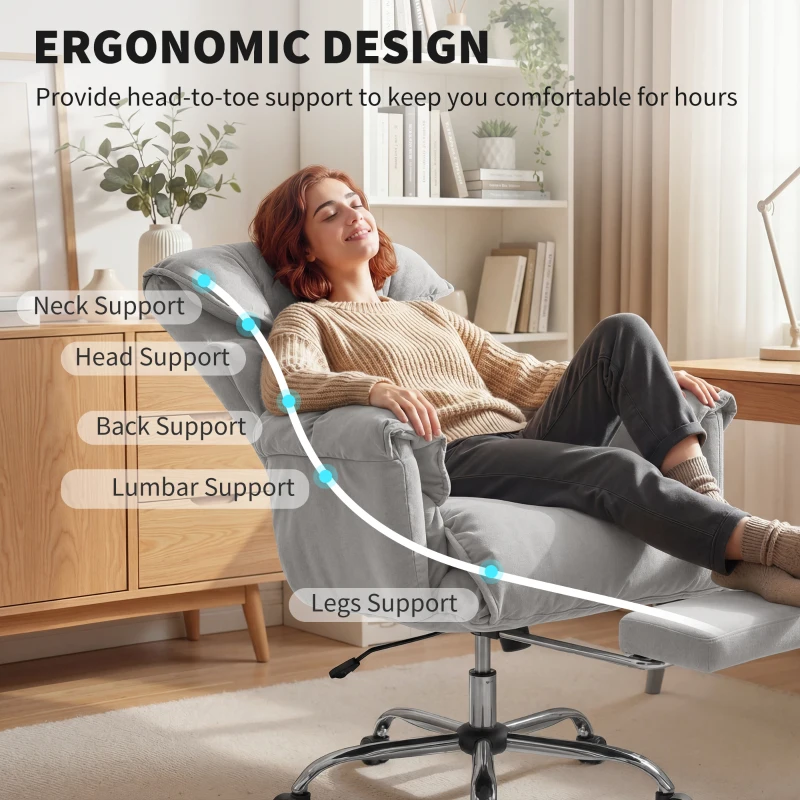 HOMCOM High Back Office Chair, Reclining Desk Chair with Footrest, High Resilience Foam, Rolling Wheels, Light Taupe Gray