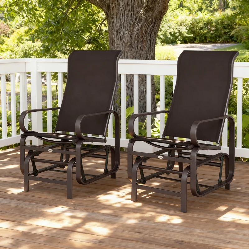 Outsunny Gliding Lounger Chair Set of 2, Single Rockers with Lightweight Metal & Mesh Construction, Brown