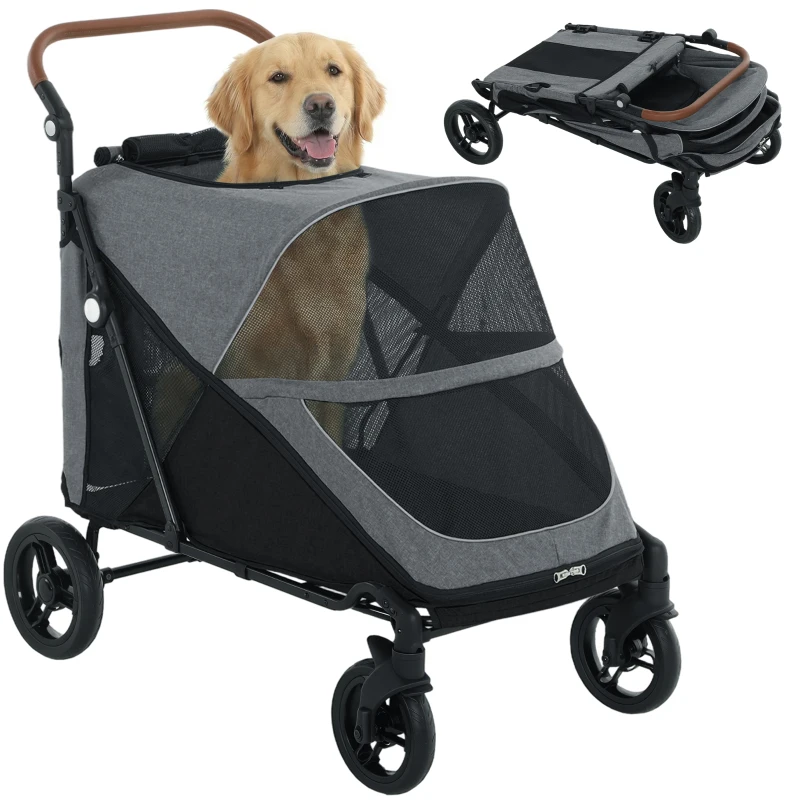 PawHut Dog Stroller for Large Dogs Up to 66 LBS with All-Terrain Spring Suspension, 8-Position Adjustable Handle, Gray