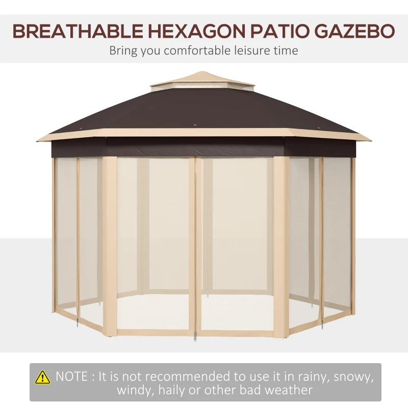 Outsunny 13' x 13' Pop Up Gazebo Hexagonal Canopy Shelter with 6 Zippered Mesh Netting for Patio, Backyard, Garden, Wedding, Party, Beige