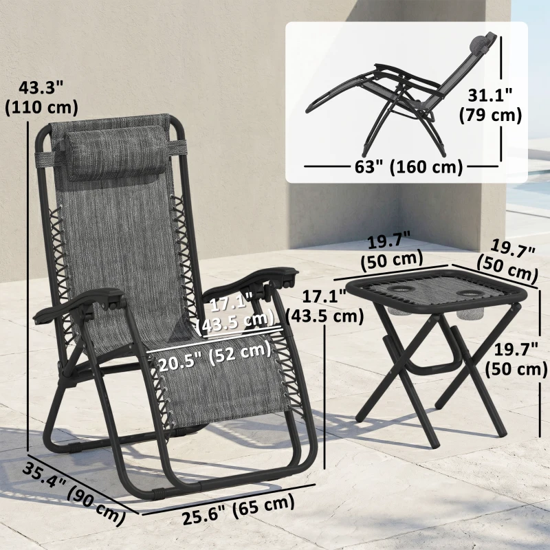 Outsunny Zero Gravity Chair Set of 2 Patio Chair with Side Table Cupholders and Pillows for Pool, Backyard, Lawn, Dark Grey