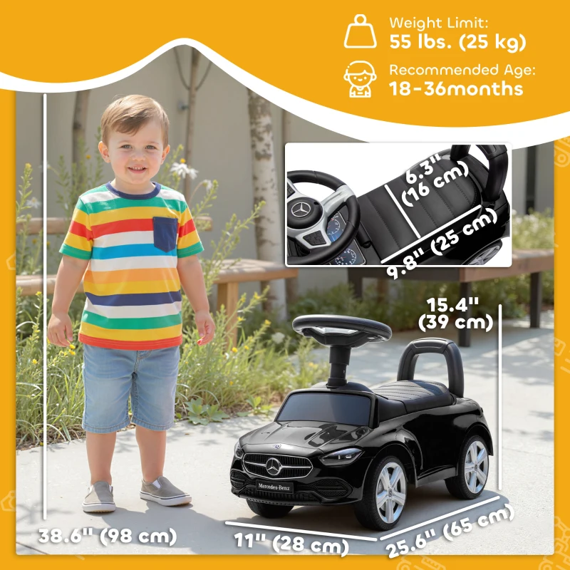 Qaba Mercedes-Benz C-Class Kids Ride On Car, Foot-to-Floor Sliding Walker with Under-Seat Storage, for 18-36 M, Black