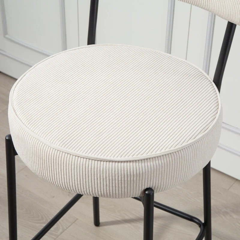 HOMCOM Set of 2 Barstools, Upholstered Corduroy Bar Stools with Backrest, Footrest for Kitchen Island, Dining Room, Cream White