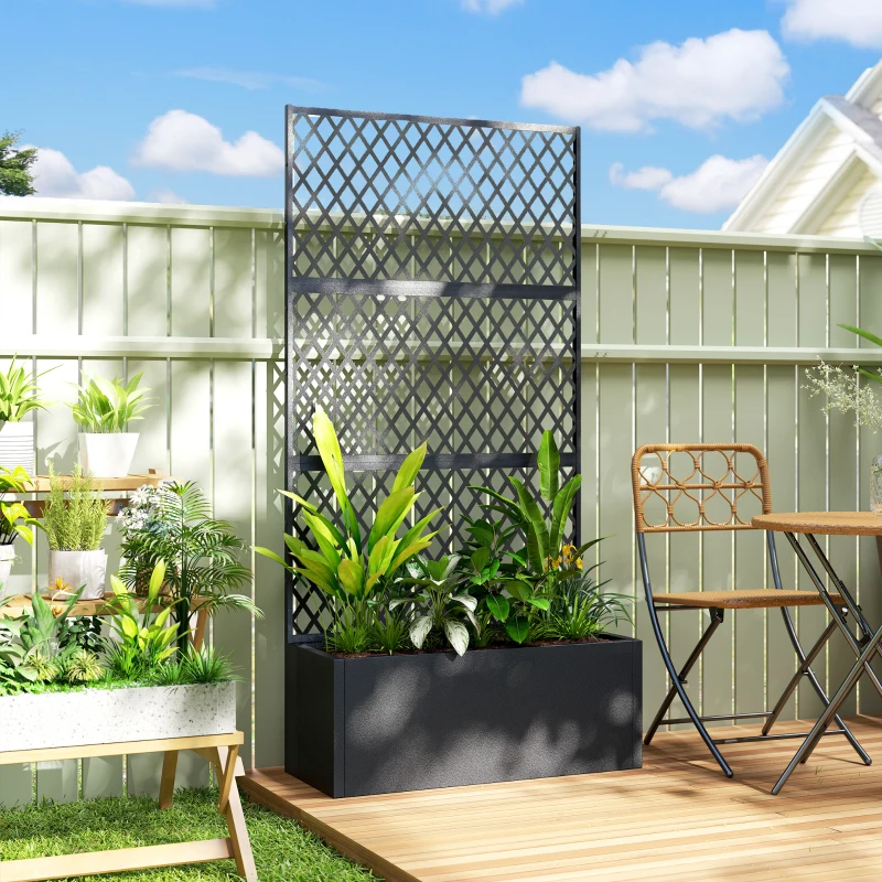 Outsunny Metal Planter Box with Trellis, Raised Garden Bed with Trellis, Diamond Lattice Privacy Planter for Climbing Plants