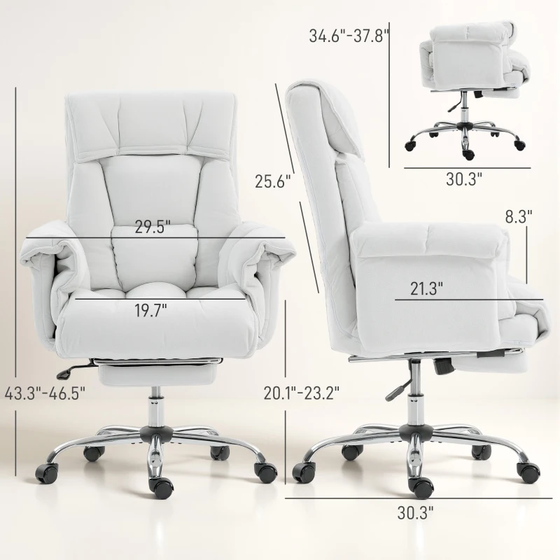 HOMCOM High Back Office Chair, Reclining Desk Chair with Footrest, High Resilience Foam, Rolling Wheels, Cream White