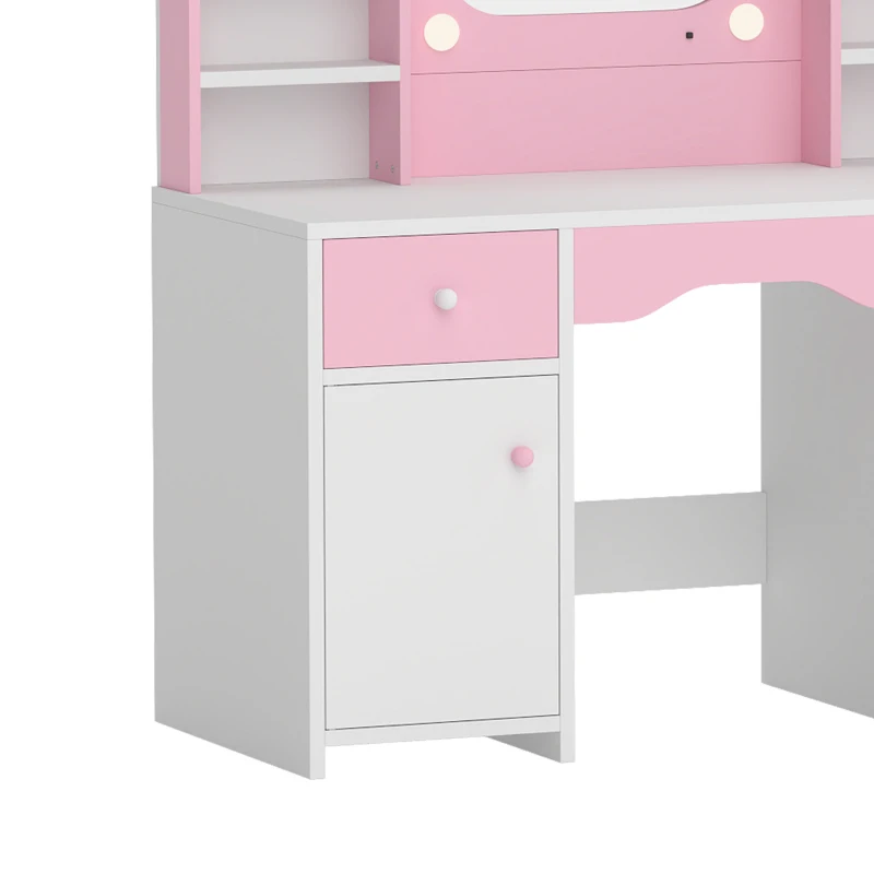 Qaba Kids Vanity Set, Toddler Dressing Table and Chair Set  with Lighted Bow Mirror, Cabinet, Drawer and Shelves, Pink