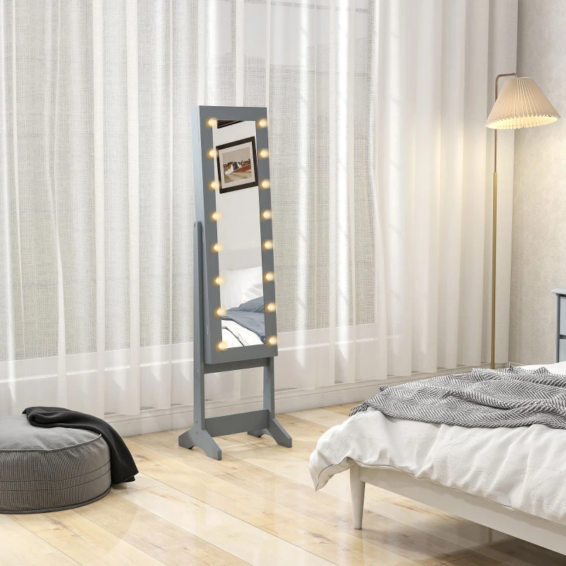 HOMCOM Free Standing Armoire Organizer, Lighted Mirrored Jewelry Cabinet w/ Angle Adjustable & 16 LED Lights, Grey