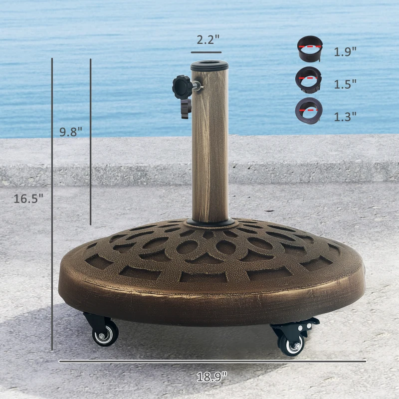 Outsunny Round Patio Umbrella Base with Wheels, 46 lbs Resin Umbrella Stand Base, Heavy Duty Patio Umbrella Holder for 1.3"/1.5"/1.9" Umbrella Poles for Outdoor, Lawn, Poolside, Bronze