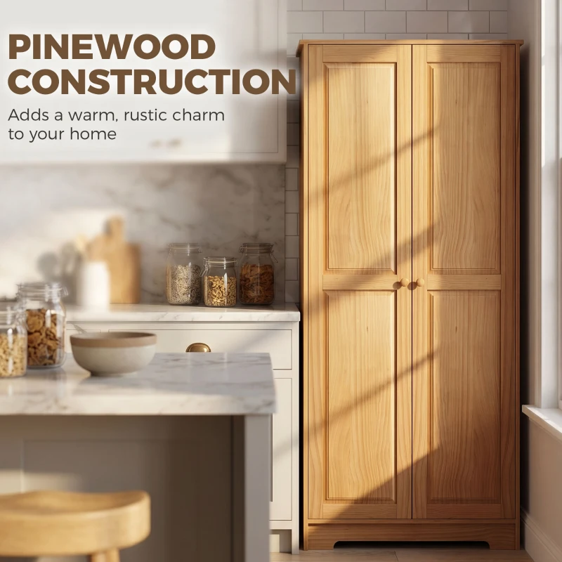 HOMCOM 67" Pinewood Kitchen Pantry Storage Cabinet, Freestanding Cabinets with Doors and Shelves, Dining Room
