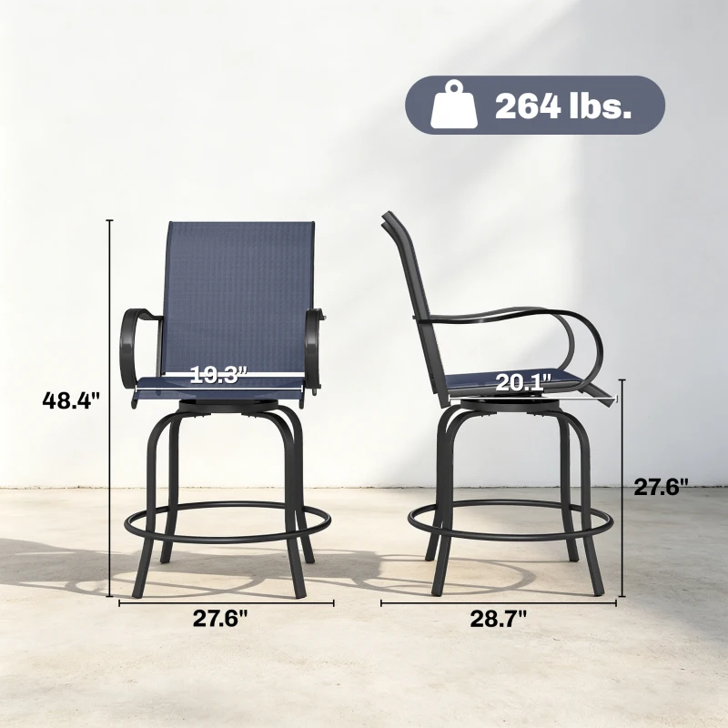 Outsunny Outdoor Bar Stools Set of 2, 360° Swivel Bar Height Chairs, 26.75" x 29.5" x 48.5", Navy Blue