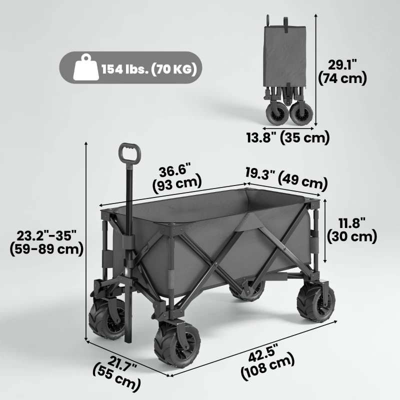 Outsunny Outdoor Pull Along Trailer Folding Camping Trailer for Beach Garden with Handle, Anti-Slip Wheel - Dark Grey