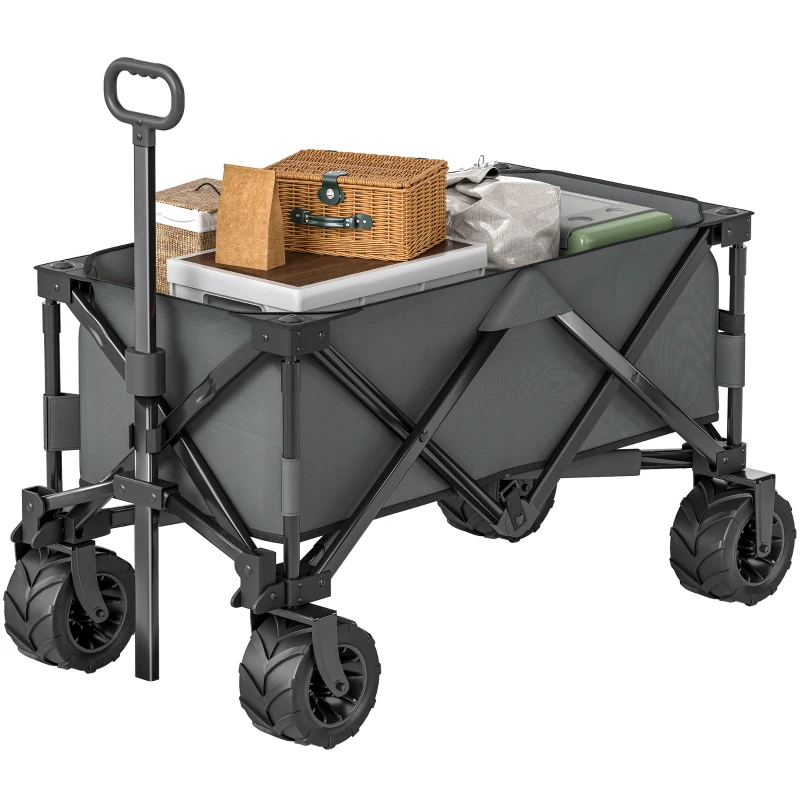 Outsunny Outdoor Pull Along Trailer Folding Camping Trailer for Beach Garden with Handle, Anti-Slip Wheel - Dark Grey
