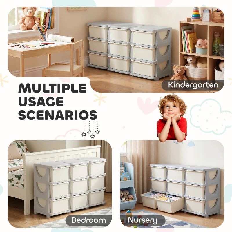 Qaba 29.5" 3 Tier Kids Storage Unit Dresser Tower w/ 9 Drawers, Cream White