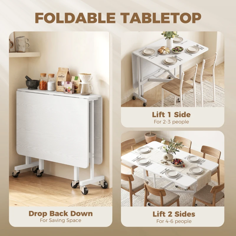 HOMCOM Six-Seater Drop-Leaf Dining Table with Wheels, White